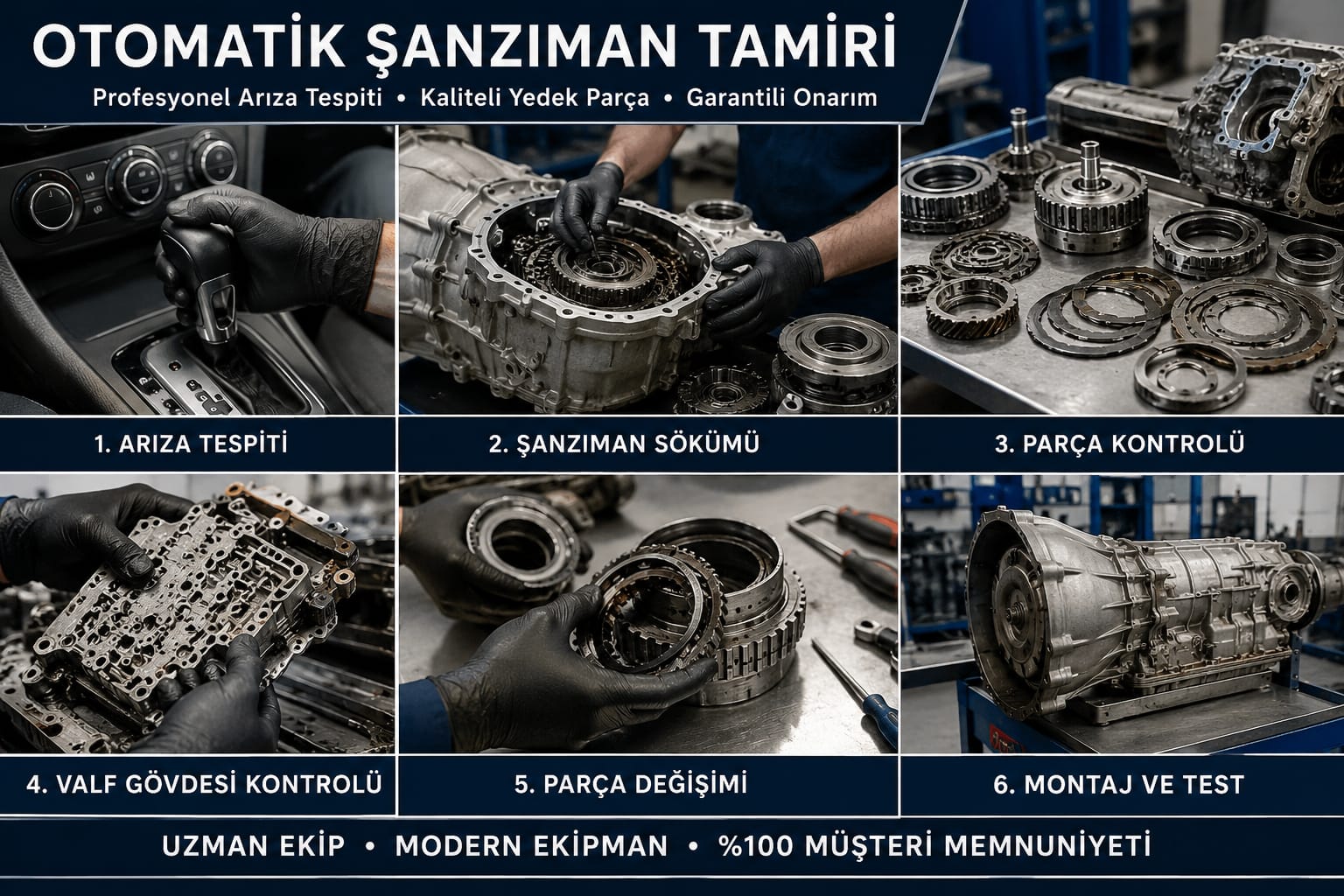 Otomatik şanzıman tamiri 6 adımlı süreç: arıza tespiti, sökümü, parça kontrolü, valf gövdesi kontrolü, parça değişimi, montaj ve test
